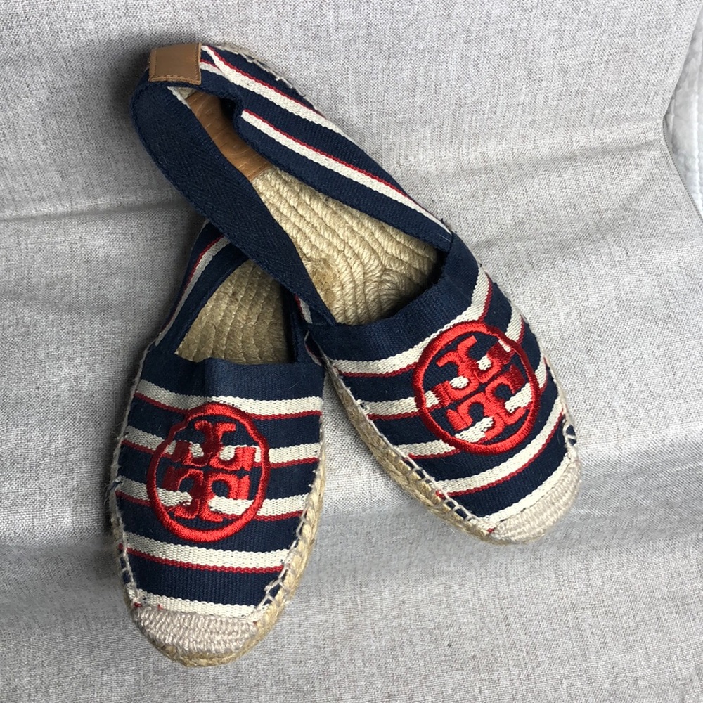 Tory Burch Red/Tan/Blue Striped Espadrilles